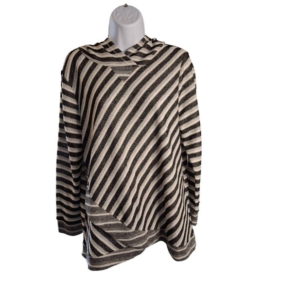 Ruby Rd Womens Striped Hooded Sweater L Black White Lagenlook Cabincore - Picture 1 of 7